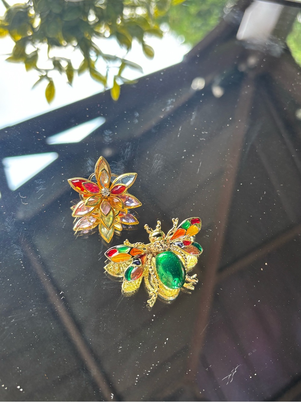 Gold-Tone Floral & Beetle Brooch Set with Green and Multi-Color Accents